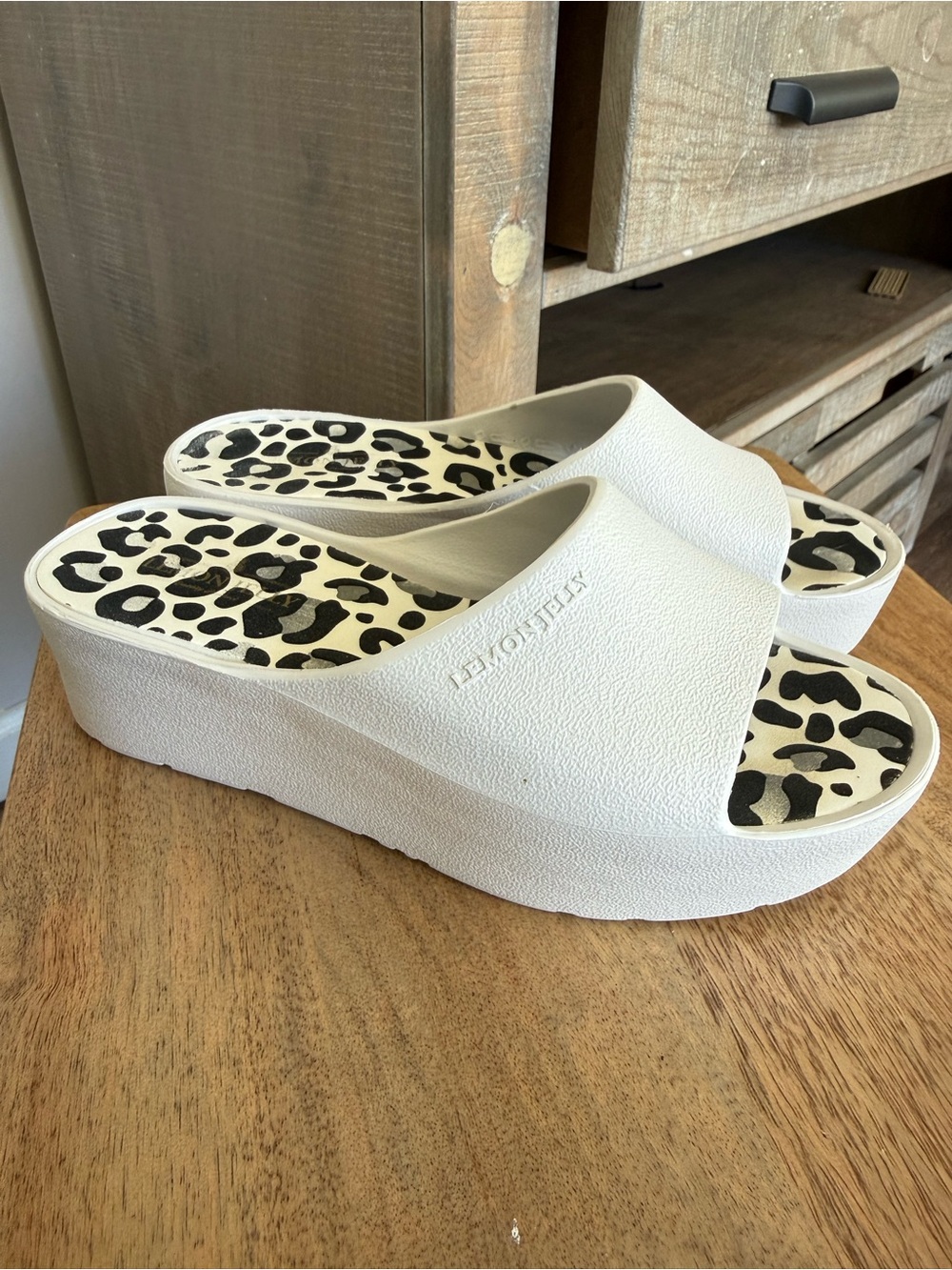 White Platform Slide Sandals with Leopard-Print Insole